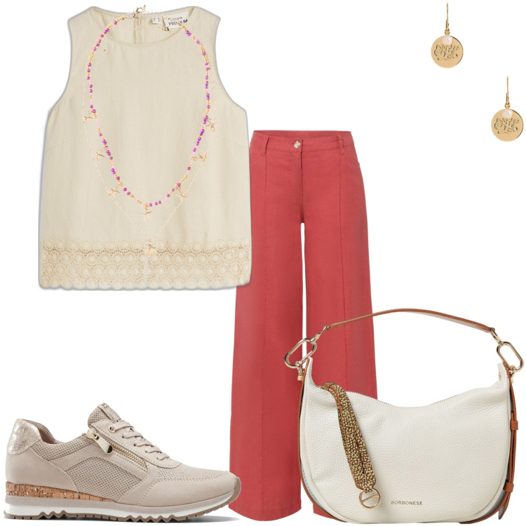 Outfit donna - Pantaloni a palazzo in misto lino. Stile Glamour per Tutti i giorni. Abbinamento con pantaloni a palazzo, sneakers, top, ciondoli, orecchini, borse a spalla.