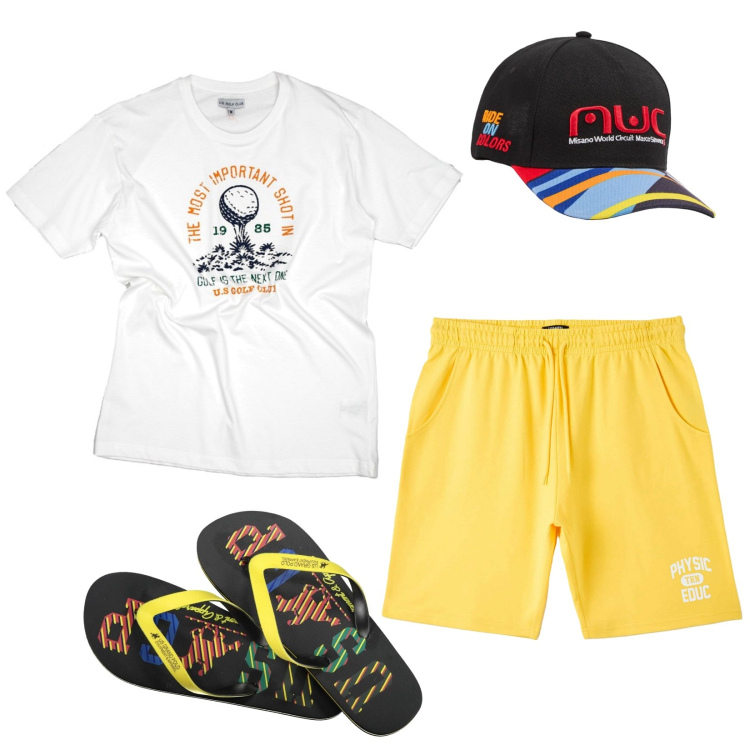 Outfit uomo - Estate. Stile Casual per Tutti i giorni. Abbinamento con cappelli, bermuda, sandali, t-shirt.