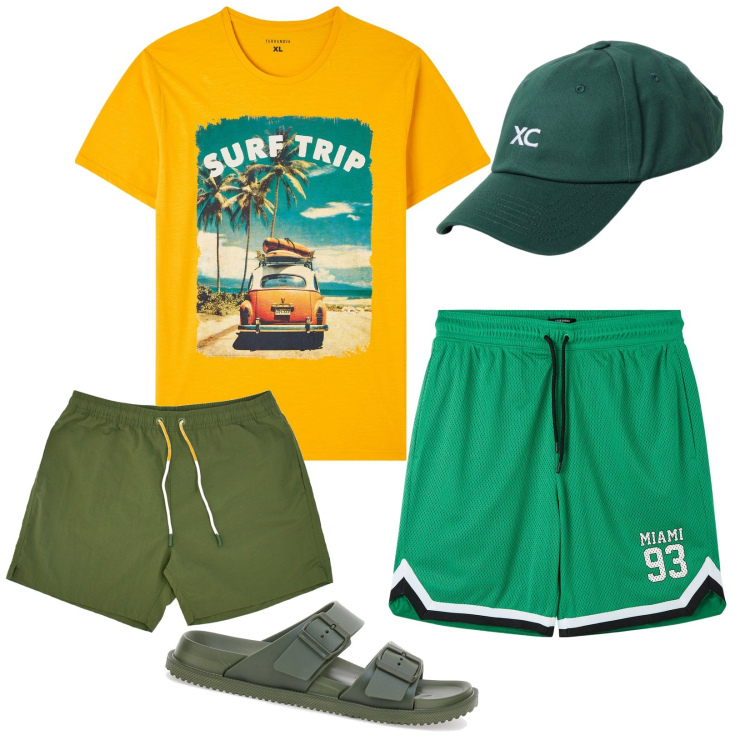 Outfit uomo - Surf trip. Stile Casual per Mare. Abbinamento con bermuda, t-shirt, costumi, sandali, cappelli.