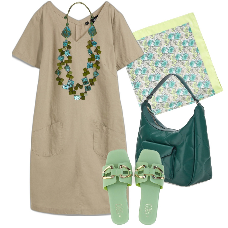 Outfit donna - Smeraldina. Stile Bon Ton per Tutti i giorni. Abbinamento con vestiti corti, ciabatte, collane, borse a spalla, foulard.
