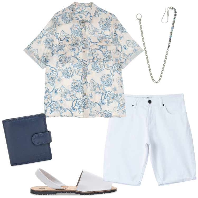 Outfit uomo - In chiaro. Stile Trendy per Serata speciale. Abbinamento con pantaloni, collane, camicie a manica corta, sandali, portafogli.