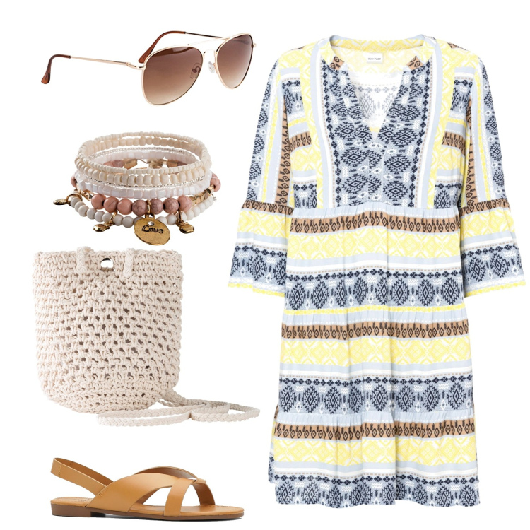 Outfit donna - Etno estate. Stile Etnico per Tutti i giorni. Abbinamento con sandali, braccialetti, occhiali da sole, vestiti, borse a tracolla.