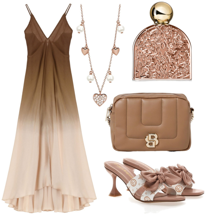 Outfit donna - Lovely. Stile Chic per Serata fuori. Abbinamento con profumi, collane, vestiti lunghi, ciabatte, borse a tracolla.