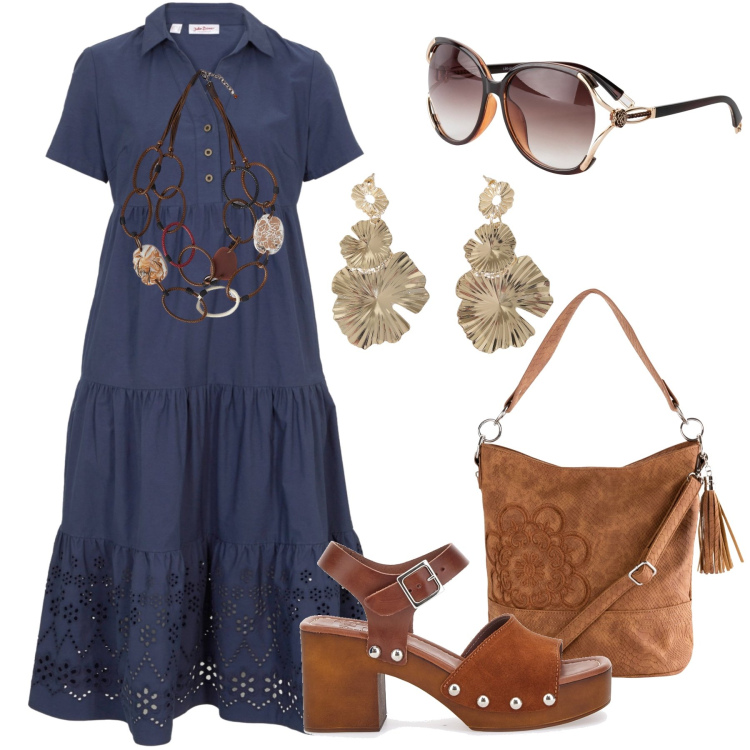Outfit donna - L’abito a tunica con gli zoccoli. Stile Boho per Tutti i giorni. Abbinamento con vestiti, borse a mano, occhiali da sole, orecchini, collane, sandali in pelle.