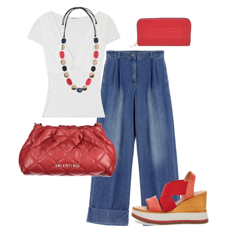 Outfit donna - Rouge piment. Stile Bon Ton per Tutti i giorni. Abbinamento con t-shirt, jeans, collane, sandali, borse a mano, portafogli.