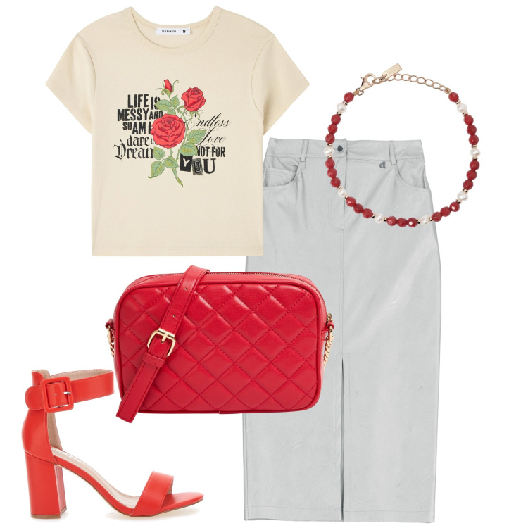 Outfit donna - Red roses. Stile Casual chic per Tutti i giorni. Abbinamento con t-shirt, borse a tracolla, braccialetti, gonne longuette, sandali col tacco.
