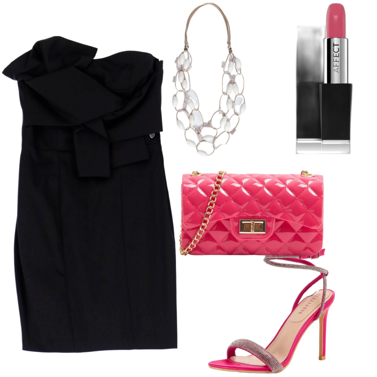 Outfit donna - Il vestito must have. Stile Chic per Serata fuori. Abbinamento con rossetti, borse a tracolla, sandali col tacco, vestiti corti, collane.