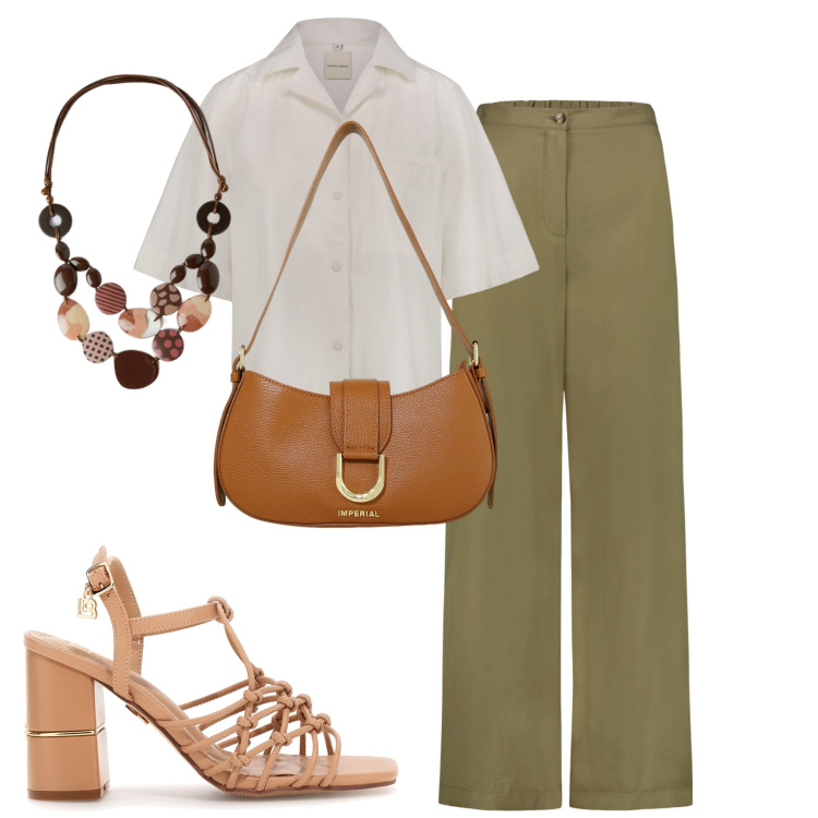 Outfit donna - In ufficio. Stile Bon Ton per Ufficio. Abbinamento con borse a spalla, collane, pantaloni, camicie, sandali col tacco.