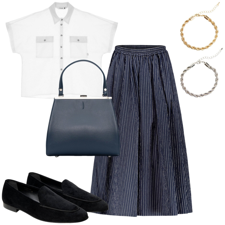 Outfit donna - Urban. Stile Urban per Tutti i giorni. Abbinamento con braccialetti, camicie a manica corta, gonne, mocassini, clutch.