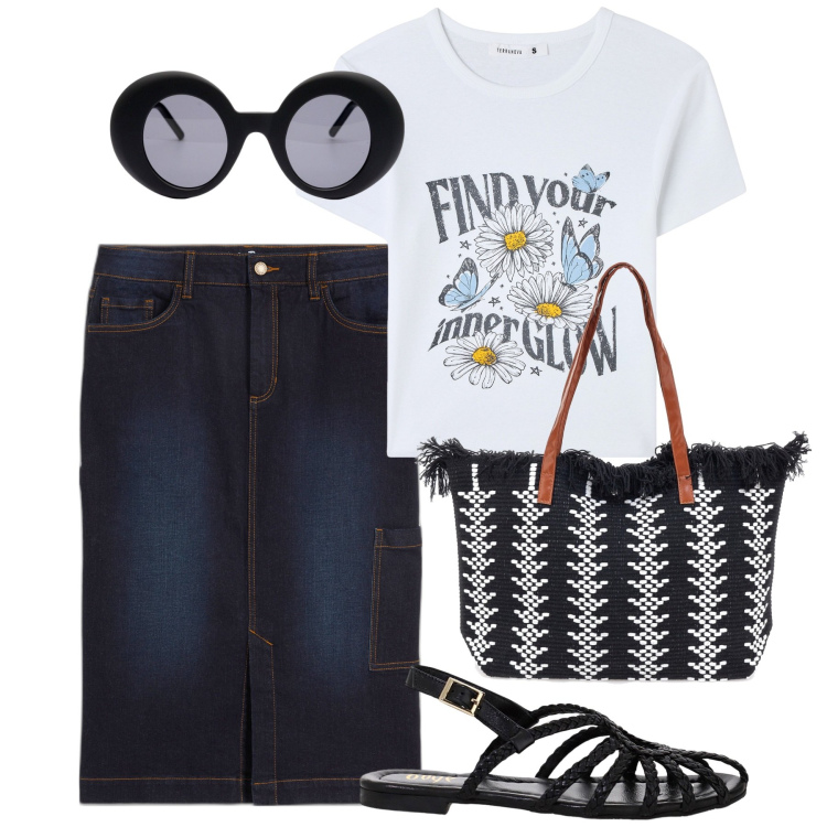 Outfit donna - Find. Stile Bon Ton per Tutti i giorni. Abbinamento con gonne, t-shirt, sandali, borse a spalla, occhiali da sole.