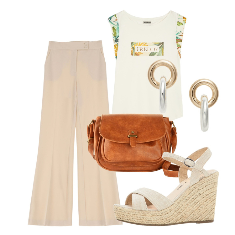 Outfit donna - Un salto in città. Stile Bon Ton per Tutti i giorni. Abbinamento con sandali, borse a tracolla, pantaloni, t-shirt, orecchini.