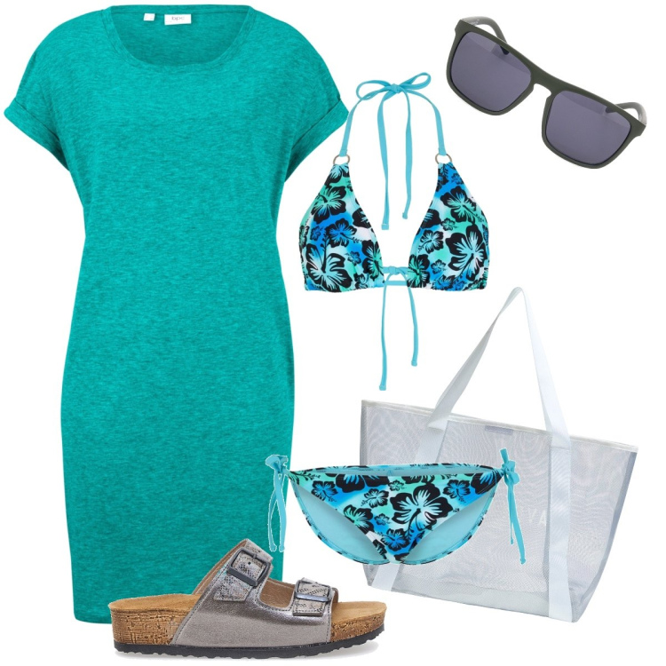 Outfit donna - Il classico bikini. Stile Casual chic per Mare. Abbinamento con vestiti, bikini, shopping bag, ciabatte, occhiali da sole.