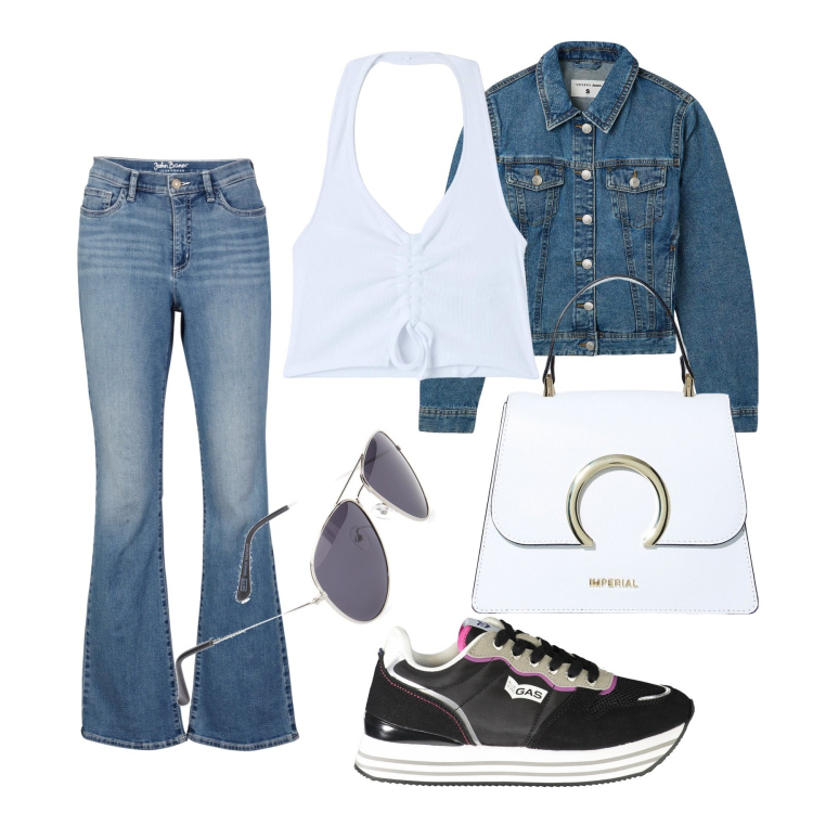 Outfit donna - Ghost outfitter - agosto. Stile Casual per Tutti i giorni. Abbinamento con jeans bootcut, blazer, top, borse a spalla, sneakers, occhiali da sole.