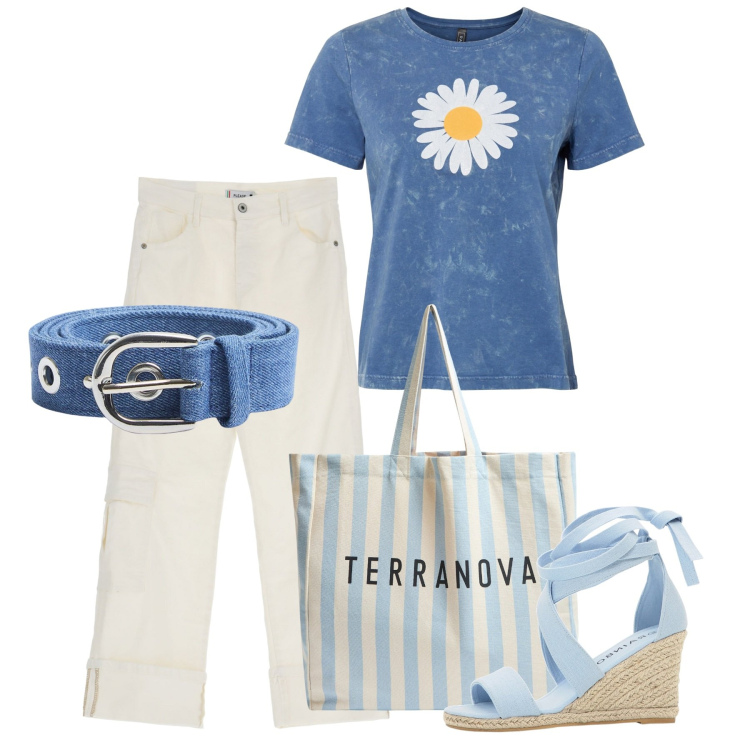 Outfit donna - Daisy. Stile Casual per Tutti i giorni. Abbinamento con t-shirt, sandali, cinture, borse tote, pantaloni cargo.