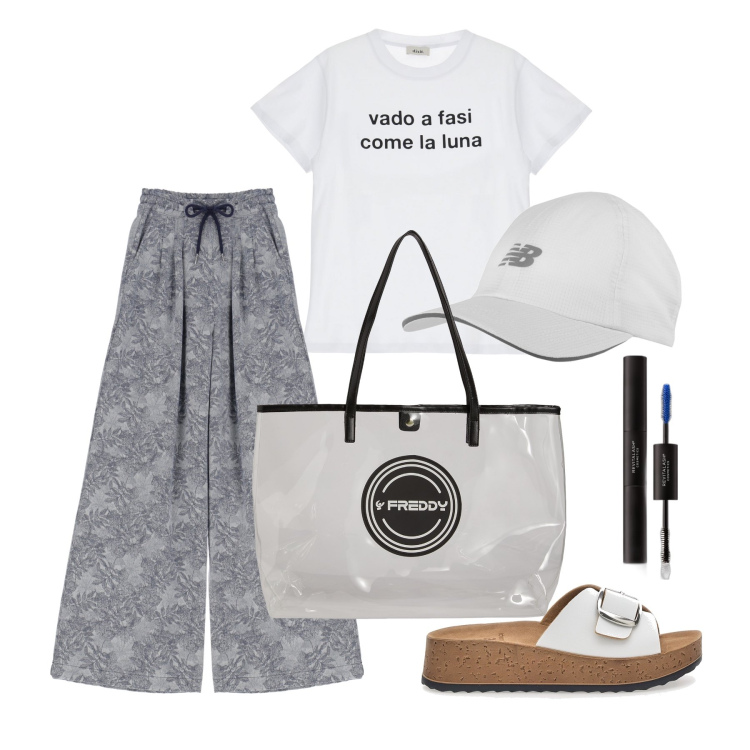 Outfit donna - Ghost outfitter - agosto. Stile Casual per Tutti i giorni. Abbinamento con mascara, cappelli, shopping bag, pantaloni a palazzo, t-shirt, ciabatte.