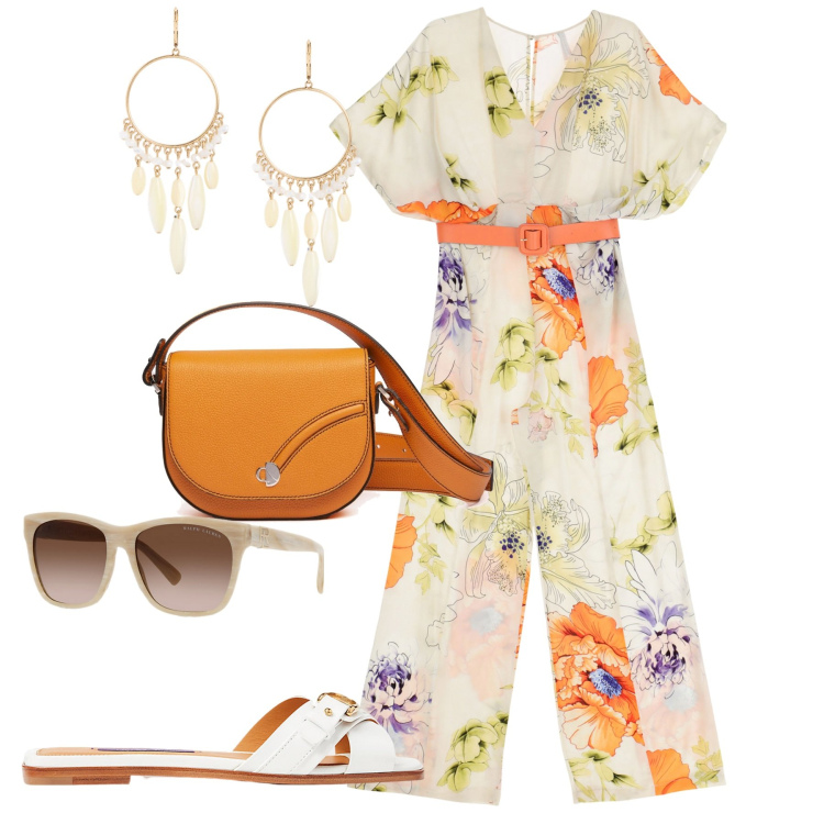 Outfit donna - Agosto. Stile Trendy per Tutti i giorni. Abbinamento con tute, occhiali da sole, orecchini, sandali col tacco, borse a tracolla.