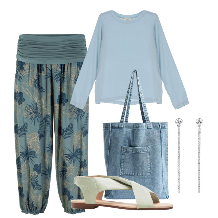 Outfit donna - Serata lungomare. Stile Boho per Serata fuori. Abbinamento con pantaloni, sandali, shopping bag, orecchini, t-shirt.