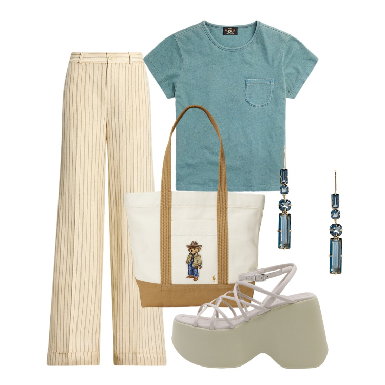 Outfit donna - Easy woman. Stile Bon Ton per Tutti i giorni. Abbinamento con t-shirt, pantaloni, orecchini, borse tote, sandali in pelle.