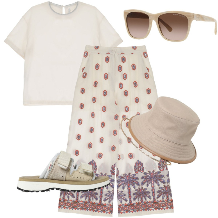 Outfit donna - Toni chiari per il sole caldo. Stile Boho per Mare. Abbinamento con t-shirt, pantaloni, occhiali da sole, cappelli, sandali.