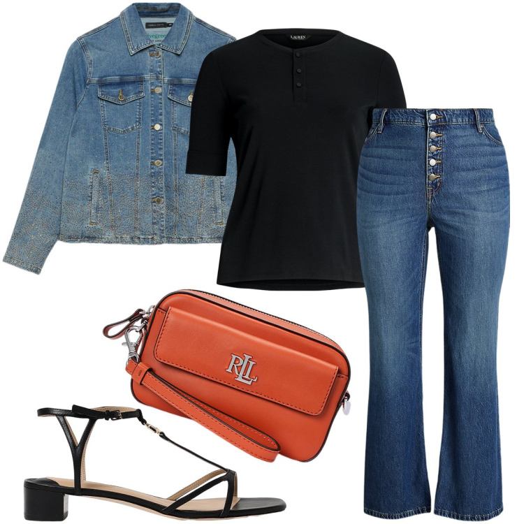 Outfit donna - La borsetta arancione. Stile Urban per Ufficio. Abbinamento con pochette, jeans, t-shirt, sandali col tacco, blazer.
