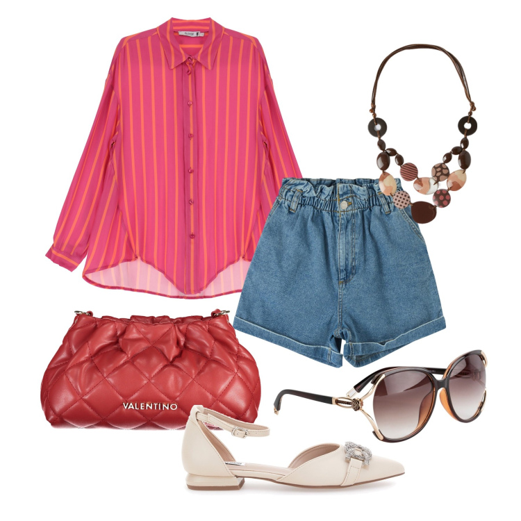 Outfit donna - Ghost outfitter - agosto. Stile Casual per Tutti i giorni. Abbinamento con occhiali da sole, shorts, camicie, ballerine, collane, borse a mano.