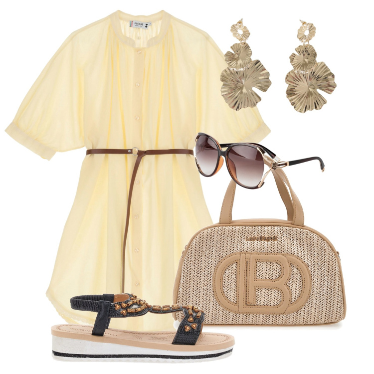 Outfit donna - Natural. Stile Bon Ton per Tutti i giorni. Abbinamento con occhiali da sole, vestiti corti, orecchini, sandali gioiello, borse a mano.
