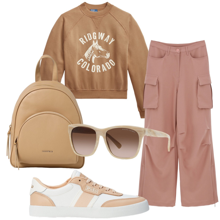 Outfit donna - Mountain. Stile Basic per Tutti i giorni. Abbinamento con pantaloni cargo, occhiali da sole, sneakers, felpe, zaini.