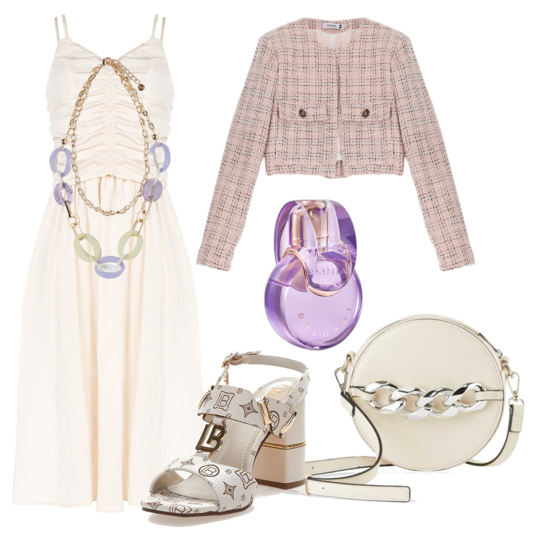 Outfit donna - Al battesimo in estate. Stile Chic per Cerimonia. Abbinamento con borse a tracolla, profumi, vestiti midi/longuette, blazer, sandali col tacco, ciondoli.