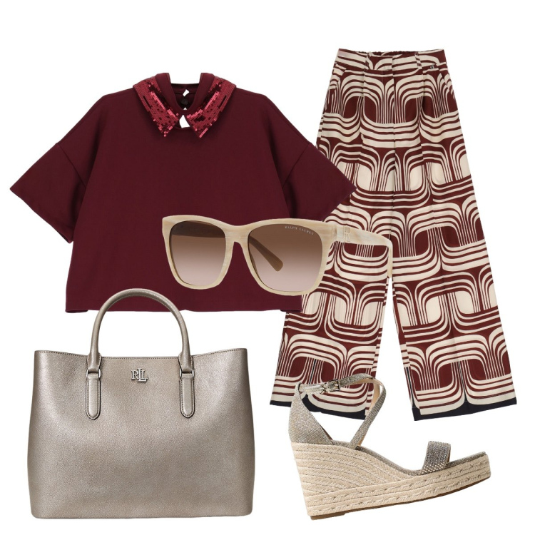 Outfit donna - In centro con le amiche. Stile Trendy per Tutti i giorni. Abbinamento con t-shirt, pantaloni a palazzo, occhiali da sole, borse a mano, sandali.