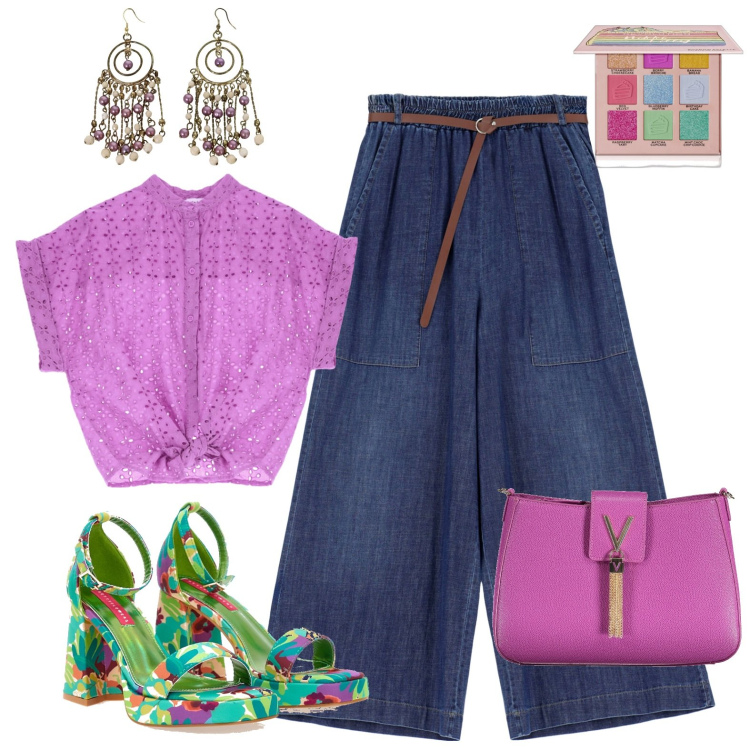 Outfit donna - True colors. Stile Romantica per Tutti i giorni. Abbinamento con ombretti, jeans, bluse, orecchini, sandali col tacco, borse a spalla.