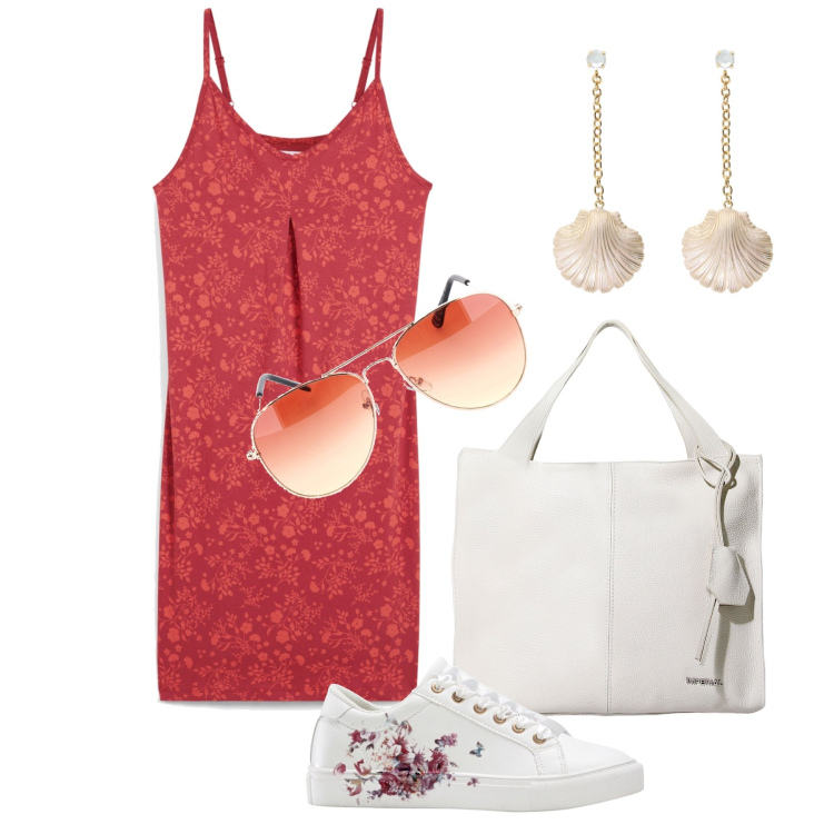 Outfit donna - Ghost outfitter - agosto. Stile Trendy per Tutti i giorni. Abbinamento con sneakers, vestiti, borse a spalla, orecchini, occhiali da sole.