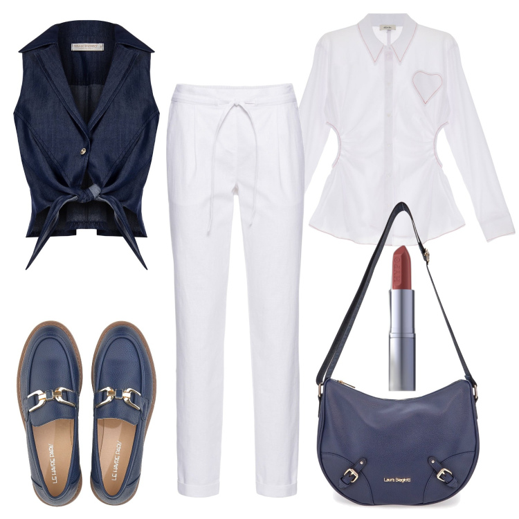 Outfit donna - Bianco ottico e blu navy in ufficio. Stile Trendy per Ufficio. Abbinamento con pantaloni, rossetti, gilet, camicie, mocassini, borse a tracolla.