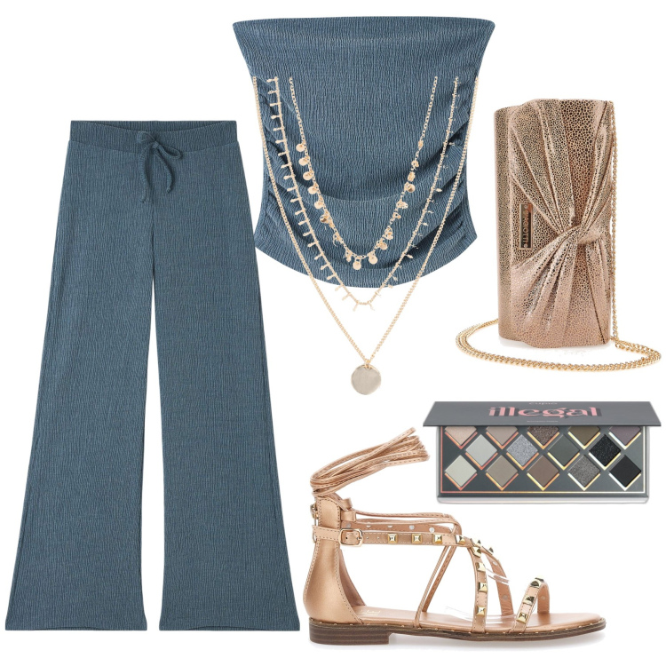 Outfit donna - Il completo fresco per la sera. Stile Trendy per Serata fuori. Abbinamento con collane, ombretti, pantaloni, top, sandali alla schiava, pochette.