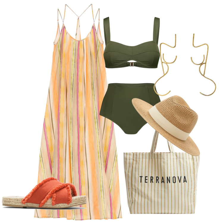 Outfit donna - Mare a settembre. Stile Chic per Mare. Abbinamento con ciabatte, cappelli, borse tote, vestiti lunghi, bikini, orecchini.