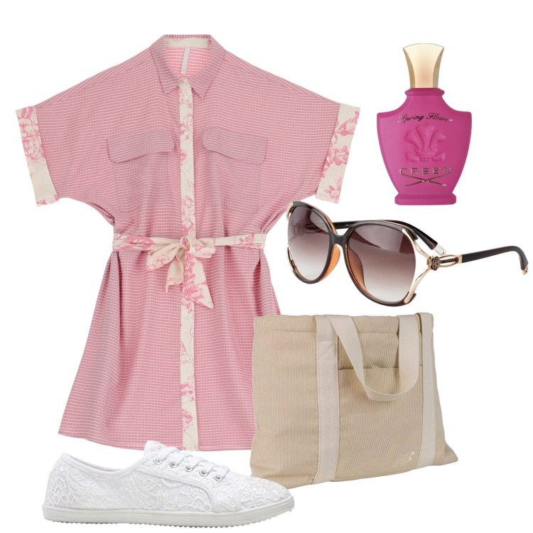 Outfit donna - Pink. Stile Bon Ton per Tutti i giorni. Abbinamento con occhiali da sole, sneakers, profumi, shopping bag, vestiti corti.