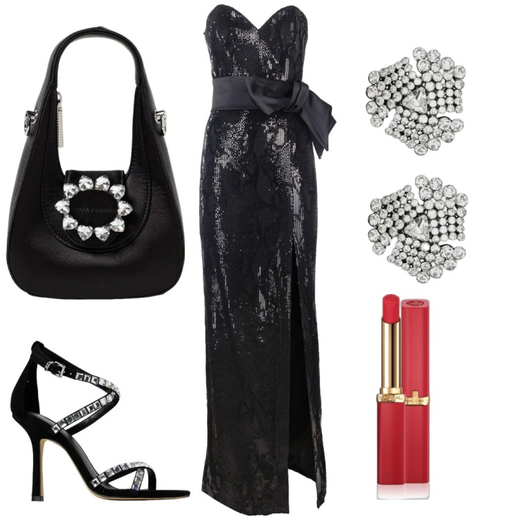 Outfit donna - Bella e chic. Stile Chic per Cerimonia. Abbinamento con rossetti, vestiti lunghi, sandali col tacco, orecchini, borse a mano.