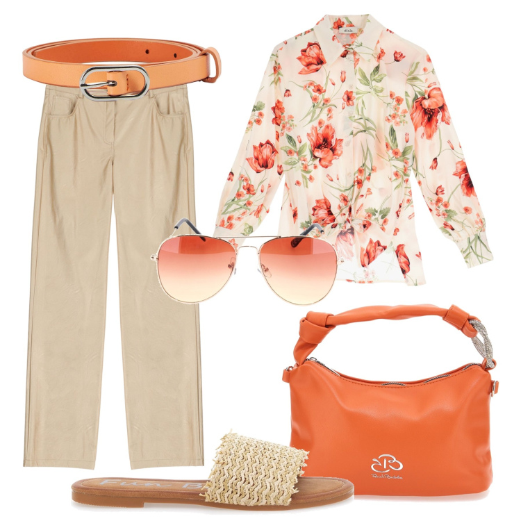 Outfit donna - Arancio con i pantaloni effetto oro. Stile Casual per Tutti i giorni. Abbinamento con cinture, camicie, pantaloni, ciabatte, borse a mano, occhiali da sole.