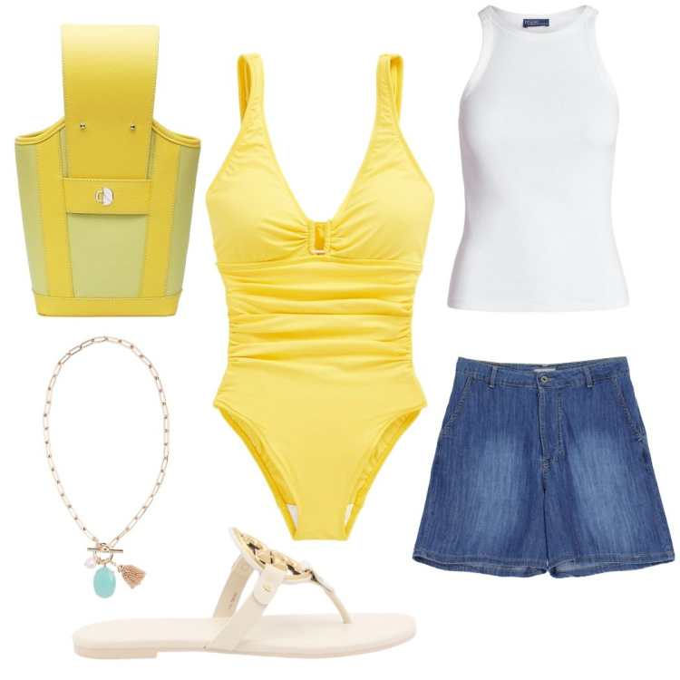 Outfit donna - Un tuffo al volo. Stile Chic per Mare. Abbinamento con canottiere, collane, costumi, shorts, shopping bag, ciabatte.