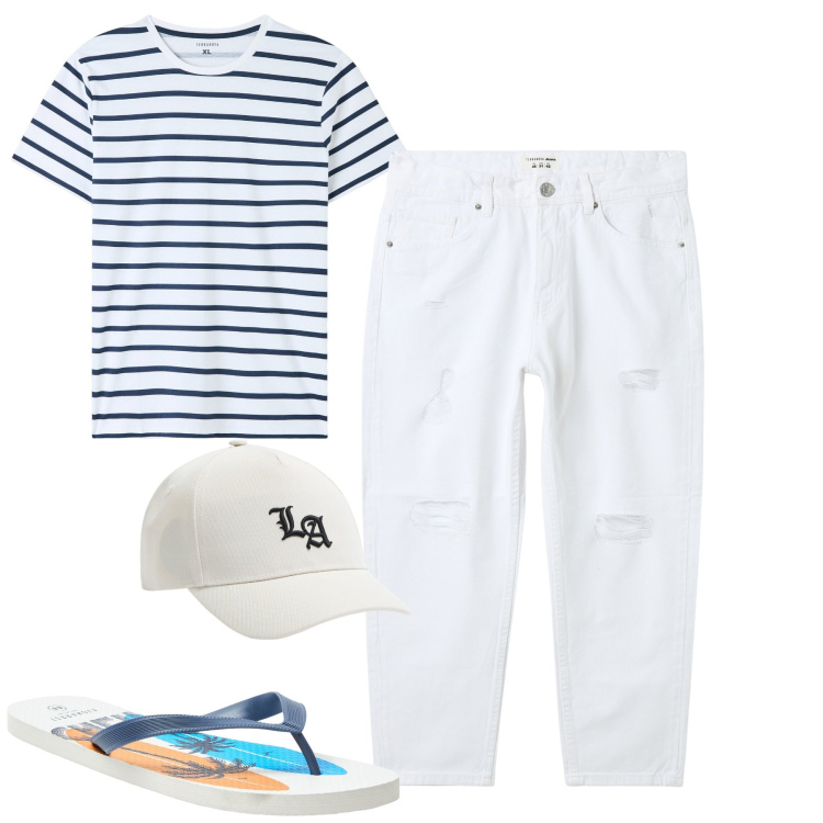 Outfit uomo - Mare. Stile Casual per Tutti i giorni. Abbinamento con sandali, t-shirt, jeans strappati, cappelli.