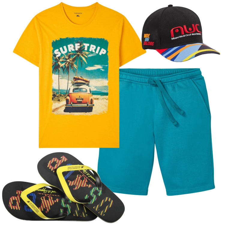 Outfit uomo - Mare. Stile Casual per Mare. Abbinamento con bermuda, cappelli, t-shirt, sandali.