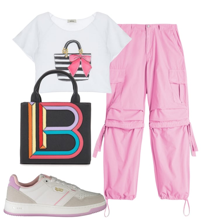 Outfit donna - Sporty. Stile Casual per Tutti i giorni. Abbinamento con t-shirt, pantaloni cargo, sneakers, borse a mano.