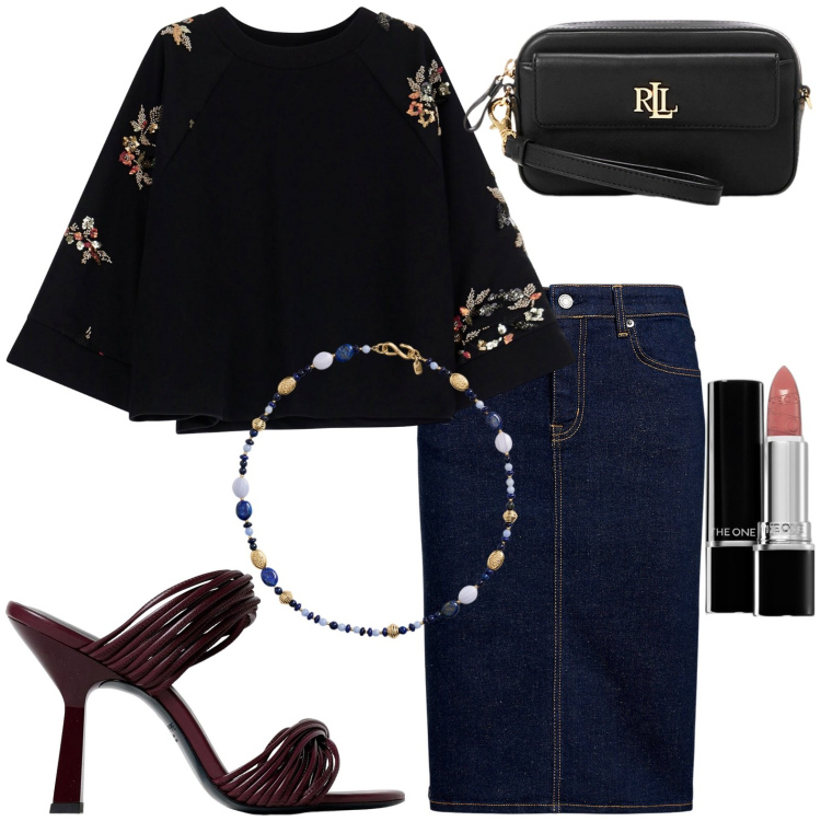 Outfit donna - Total look #1938174. Stile Casual chic per Serata fuori. Abbinamento con rossetti, felpe, pochette, gonne, collane, sandali col tacco.