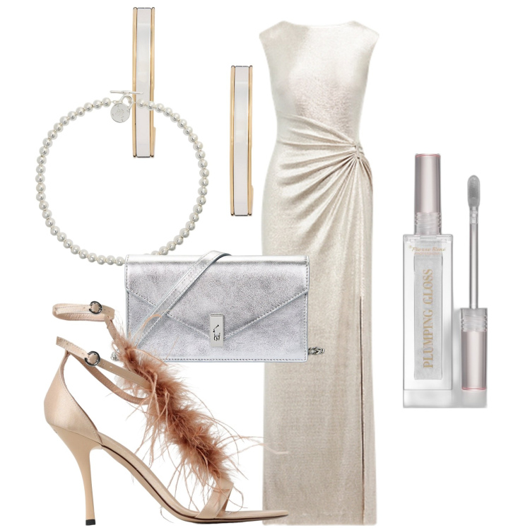 Outfit donna - Glamour. Stile Glamour per Cerimonia. Abbinamento con gloss, collane, vestiti, clutch, orecchini, sandali col tacco.