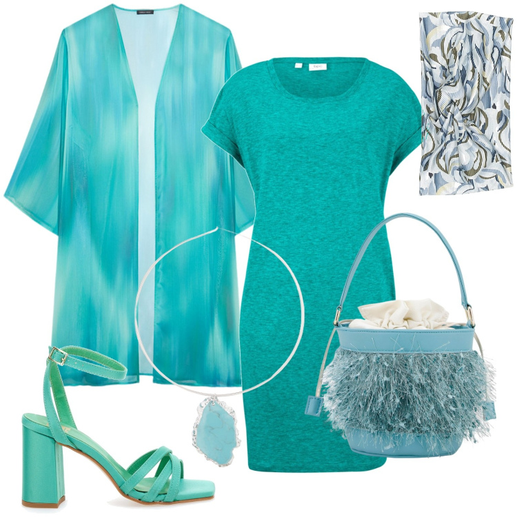 Outfit donna - Total look #1938218. Stile Casual chic per Tutti i giorni. Abbinamento con vestiti, borse a secchiello, ciondoli, sandali col tacco, caftani, fasce per capelli.