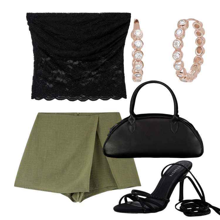 Outfit donna - Serata shorts. Stile Chic per Serata fuori. Abbinamento con minigonne, top, sandali alla schiava, orecchini, borse a spalla.
