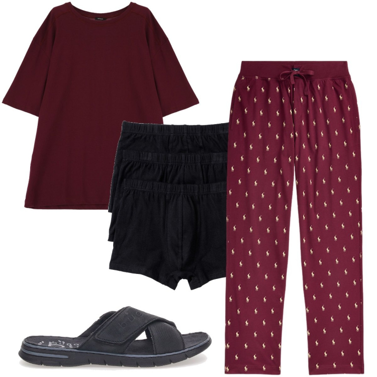 Outfit uomo - Al mattino un buon caffè. Stile Casual per Tutti i giorni. Abbinamento con boxer, t-shirt, pantaloni, sandali.