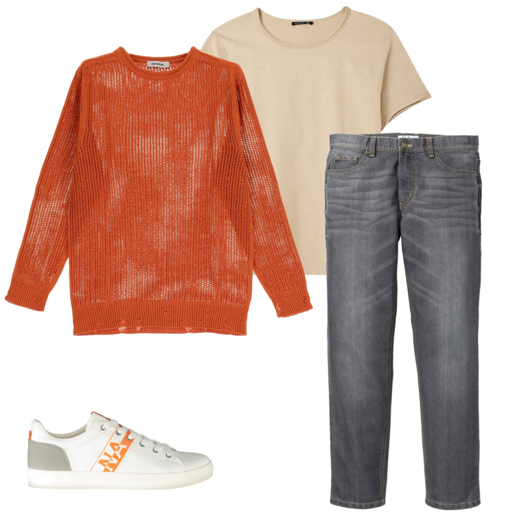 Outfit uomo - Fresco della sera. Stile Casual per Mare. Abbinamento con jeans dritti, t-shirt, pullovers, sneakers.