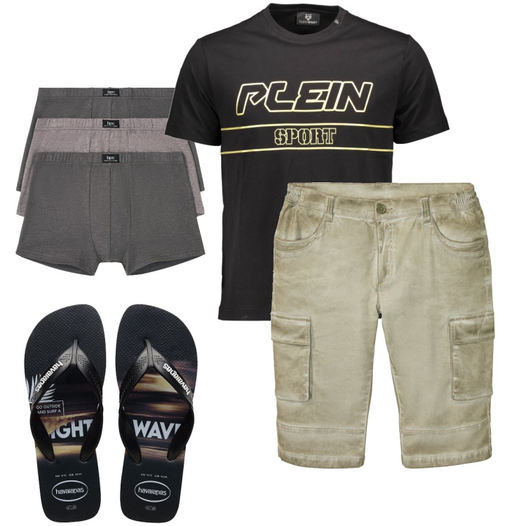Outfit uomo - Le bermuda cargo. Stile Casual per Mare. Abbinamento con bermuda, boxer, t-shirt, sandali.