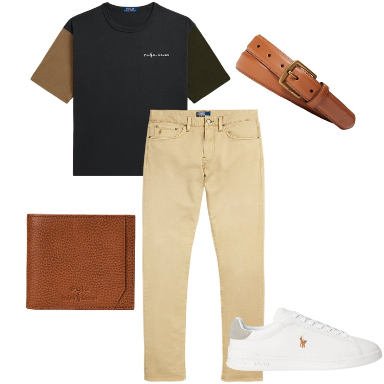 Outfit uomo - Le maniche bicolore. Stile Urban per Ufficio. Abbinamento con cinture, pantaloni chino, portafogli, sneakers, t-shirt.