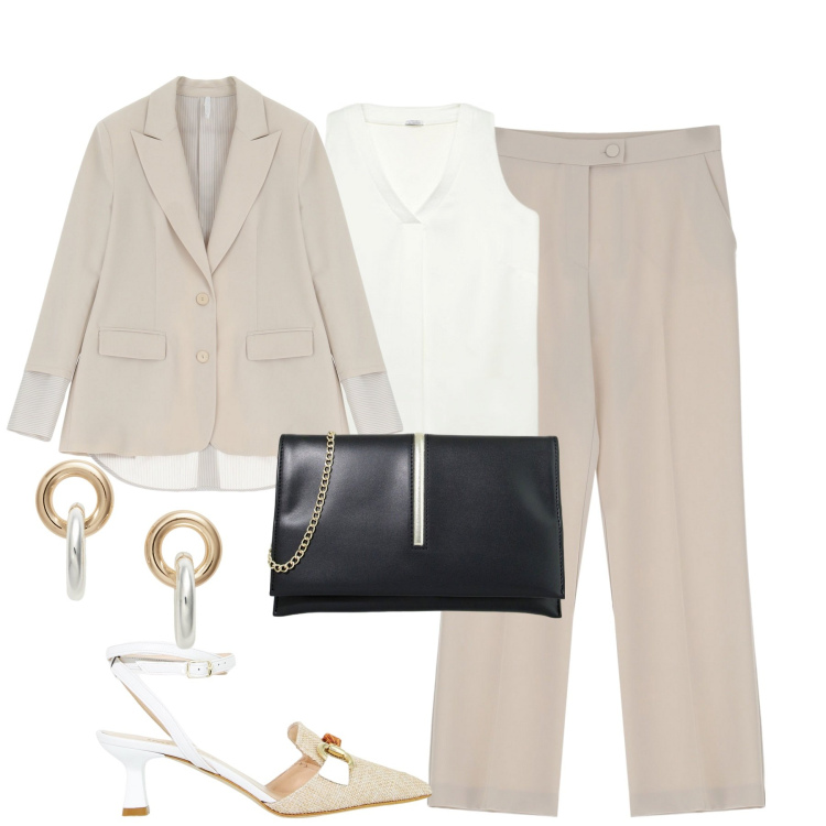 Outfit donna - Elegante. Stile Chic per Tutti i giorni. Abbinamento con pantaloni, blazer, sandali col tacco, pochette, orecchini, top.